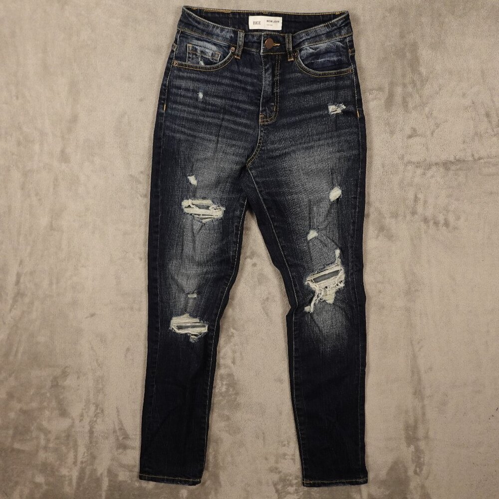 BKE Jeans‎ High Rise Distressed Mom Jean Women's Size 24 Blue Denim Stretch